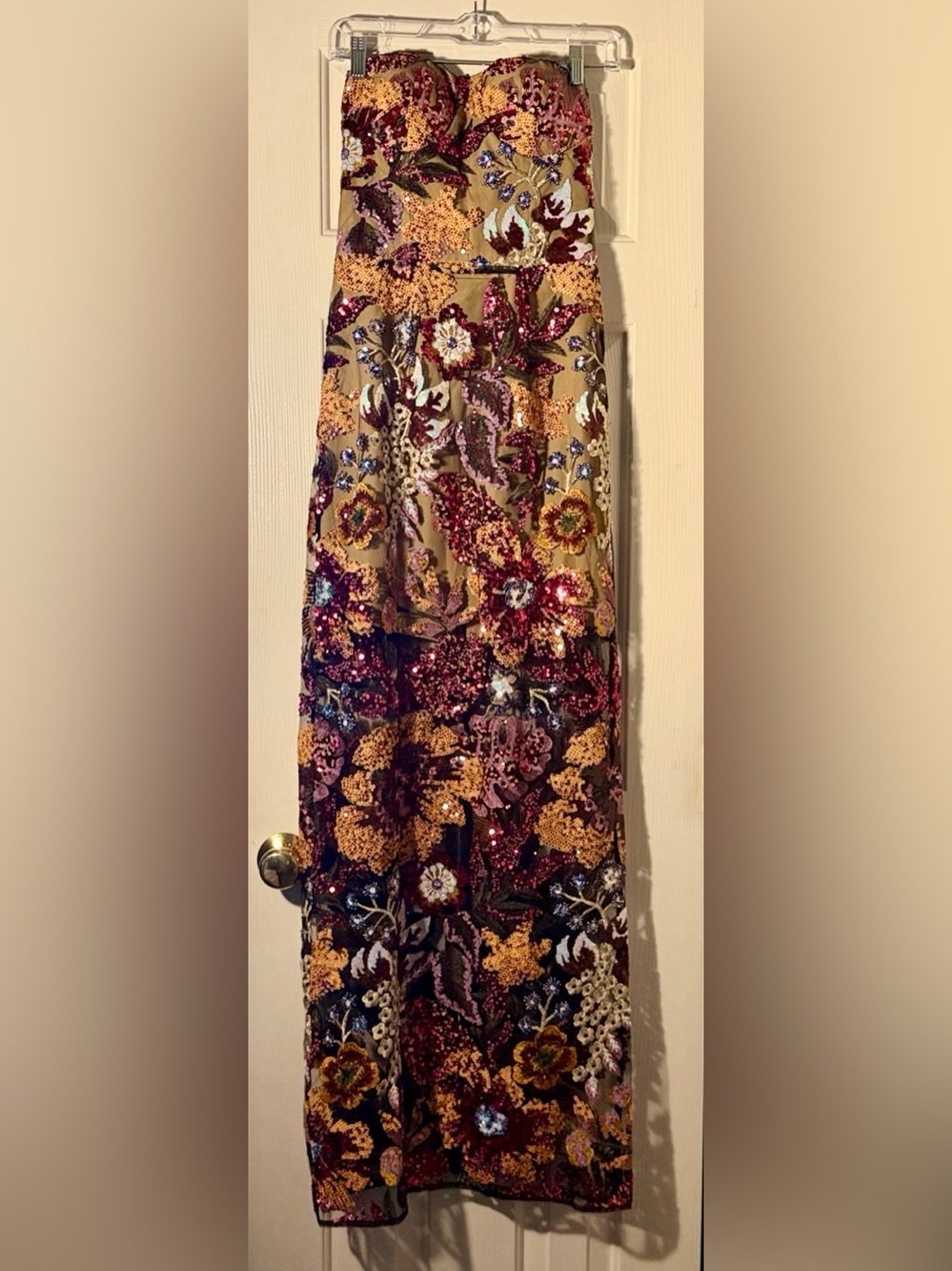 MEW MEWS Asa Strapless Floral Sequin Maxi Dress Multicolor Statement Gown S/4
